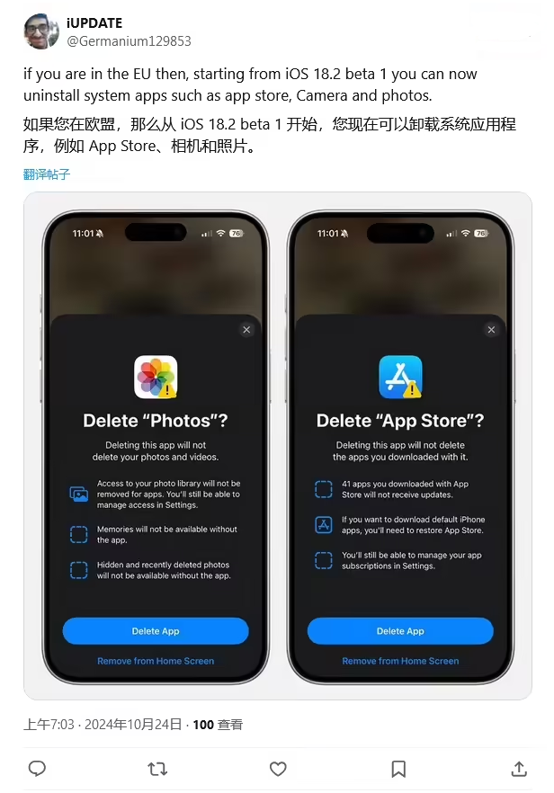 南皮苹果手机维修分享iOS 18.2 支持删除 App Store 应用商店 