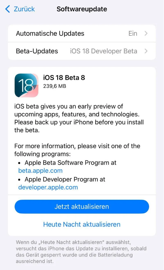 南皮苹果手机维修分享苹果 iOS / iPadOS 18 开发者预览版 Beta 8 发布 